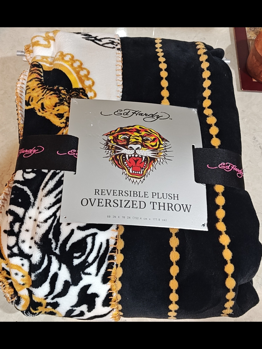 ED HARDY TATTOO OVERSIZED PLUSH TIGER PRINTED THROW BLANKET BLACK 60"X70" NEW